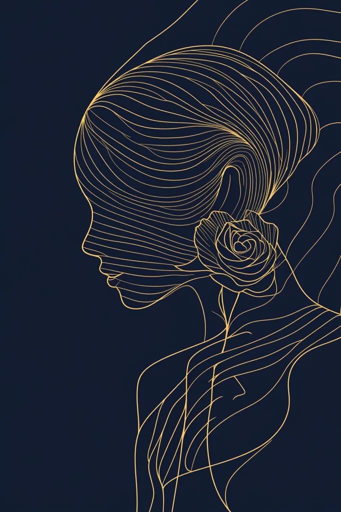 The image is a line drawing of a woman's profile with a rose behind her ear. The drawing is done in gold against a deep blue background. The lines are delicate and flowing, giving the image a sense of elegance and femininity. The woman's hair is long and flowing, and her features are soft and delicate. The rose is a symbol of love and beauty. The image is minimalist and abstract, yet evocative and powerful.