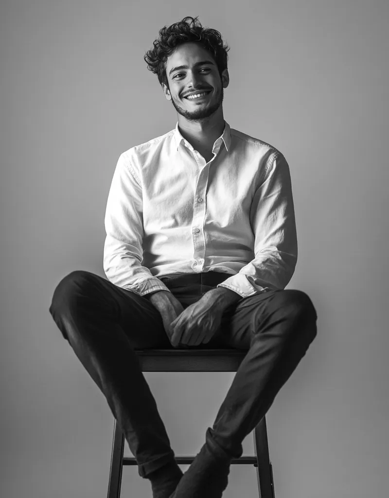 A young man with curly hair is sitting on a stool. He is wearing a white button-down shirt and black pants. He is smiling and looking at the camera. The photo is in black and white. The background is a plain wall. The image is likely a portrait.