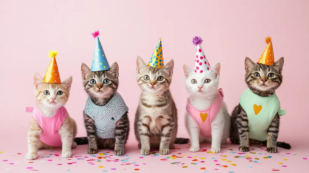 Five adorable cats are dressed in colorful party hats and outfits. They are sitting on a pink background with confetti scattered around them. They are looking at the camera with curious expressions, ready to celebrate. The image is playful and lighthearted, capturing the joy of a feline party.