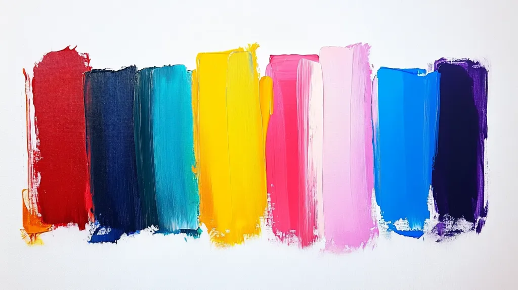The image is an abstract painting of nine vertical stripes of different colors, painted on a white canvas. The colors are red, navy blue, teal, yellow, pink, light pink, blue, and purple. The stripes are slightly uneven, suggesting a casual, brushstroke style. The overall effect is playful and vibrant.