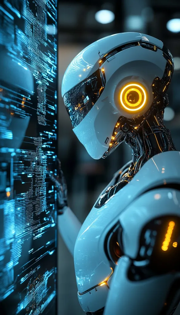 A futuristic white robot with a glowing orange eye looks at a screen of blue code. The robot's head is tilted, suggesting curiosity or contemplation. The image evokes a sense of technological advancement and the potential for artificial intelligence. The lighting is dramatic, highlighting the robot's sleek design and the screen's intricate data.