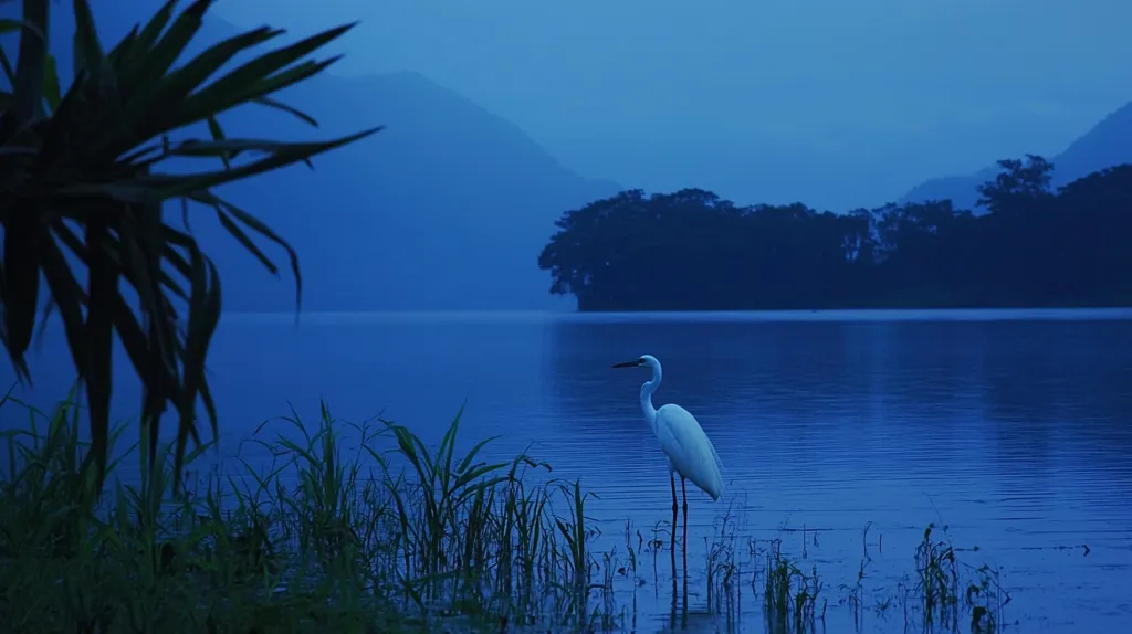 A white egret stands in a calm, blue lake, its reflection shimmering on the water's surface.  Tall grasses line the lake's edge, and a silhouette of a tree peeks out from the left side of the frame.  In the distance, a forested island sits against the hazy blue sky.  The scene evokes a sense of tranquility and solitude.