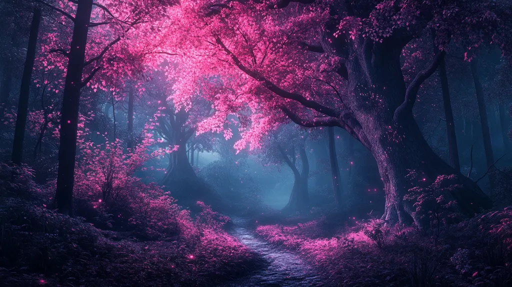 A mystical forest path winds through a canopy of glowing pink trees. The air is thick with fog, and the ground is carpeted with soft pink foliage.  The light from the trees casts an ethereal glow on the surrounding woods, creating an otherworldly ambiance.  The scene evokes a sense of magic and wonder.
