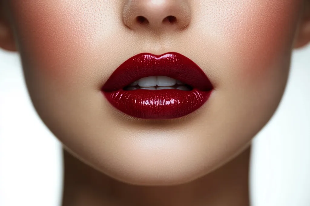 The image shows a close-up of a woman's mouth.  Her lips are full and painted a bright, bold red. The lipstick is glossy and has a slight sheen. The skin around her mouth is smooth and blemish-free, and she has a subtle blush on her cheeks. The background is a simple white, making her lips the main focus of the image.