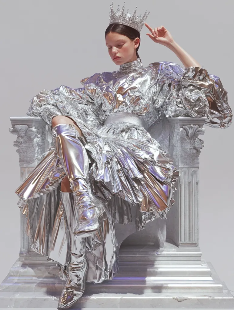 A woman in a silver, pleated gown and tall boots sits on a throne-like structure. She wears a silver crown and looks down with a serious expression. The entire scene is bathed in a silvery light, creating a futuristic and ethereal atmosphere. The woman's pose and the setting evoke a sense of regal power and otherworldly presence.