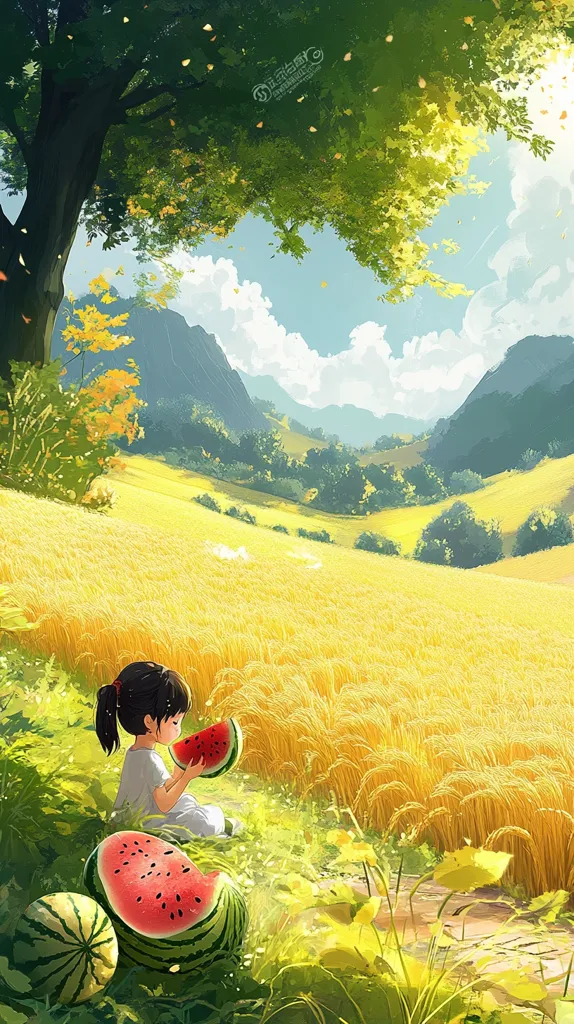 A young girl with dark hair sits in a field of golden wheat, enjoying a slice of watermelon. She is dressed in a white dress and has a sweet expression on her face. The landscape is idyllic, with rolling hills, lush green trees, and a clear blue sky. The image evokes a sense of peace and tranquility.