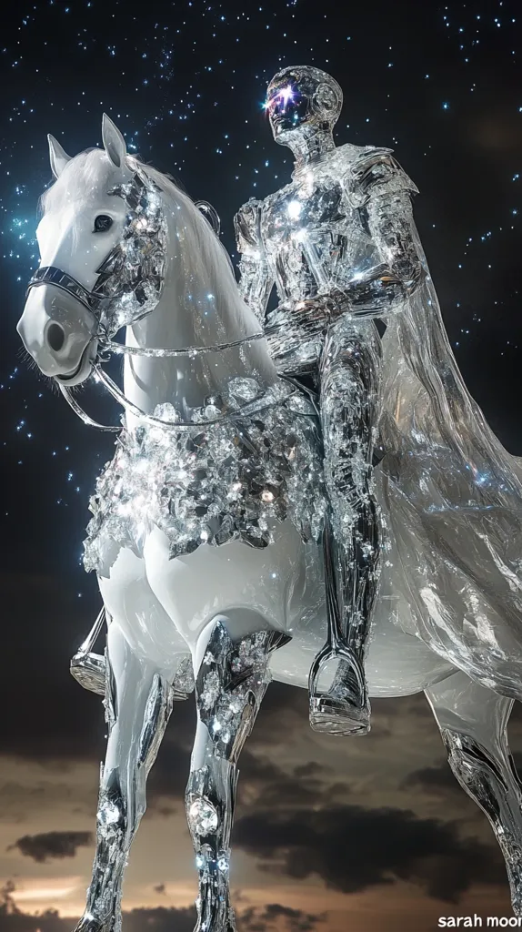 A silver, robotic knight rides a white, crystal-covered horse against a starry night sky. The knight's armor is intricate, with glowing eyes and a flowing cape. The horse's body is adorned with glittering crystals, and the scene is illuminated by the faint light of the stars.  The setting suggests a futuristic fantasy world, where technology and magic are intertwined.