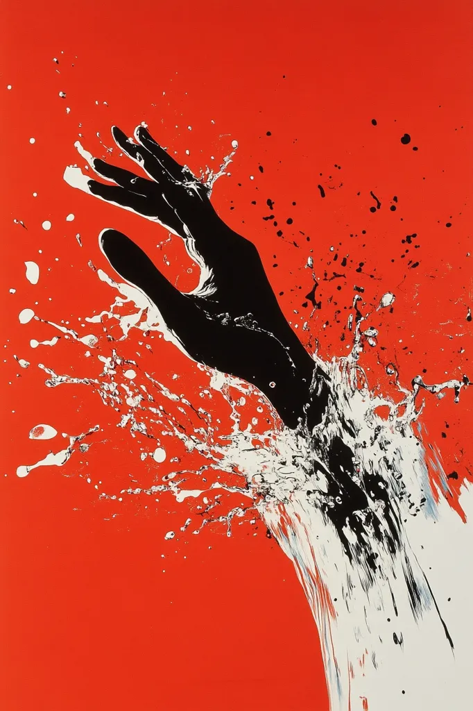 The image is an abstract painting with a red background. A black hand, painted in a splashy style, reaches out from the center of the canvas, surrounded by white paint splatter. The background is a vibrant red with black and white accents. The overall effect is dynamic and energetic.