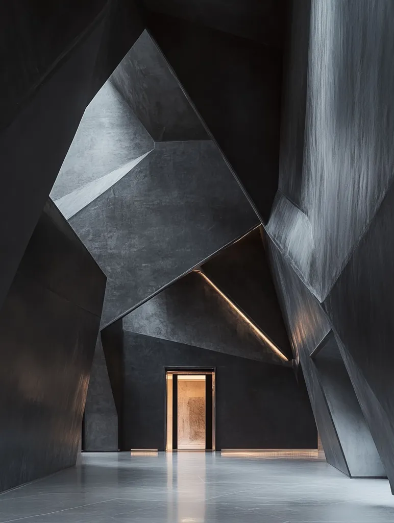 The image shows a minimalist, geometric hallway with a single doorway at the end. The walls are made of rough, dark concrete and are angled in a sharp, angular design.  The room is lit by a soft, golden glow emanating from the doorway, which casts long shadows across the floor. The hallway's stark simplicity and geometric lines evoke a sense of mystery and intrigue.