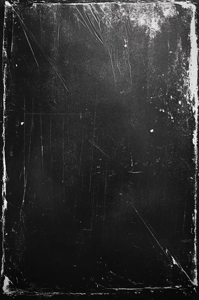 The image is a black and white photograph of a dark, textured surface. The surface is covered in scratches, marks, and abrasions, giving it a rough and worn appearance. The edges of the image are slightly faded and blurred, adding to the sense of age and wear. The overall impression is one of darkness, roughness, and time-worn history.