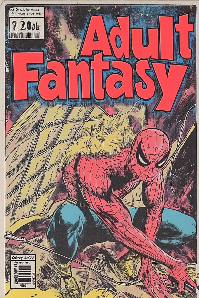 The cover of an adult fantasy comic book features a muscular, red and blue superhero, resembling Spider-Man, crouching down. He is in a dynamic pose, facing the viewer, with one hand on the ground and the other extended forward. The background is a swirling mix of colors, with a dark and stormy atmosphere. The comic's title, "Adult Fantasy," is written in bold red letters at the top.  The cover is set against a bright, white background.