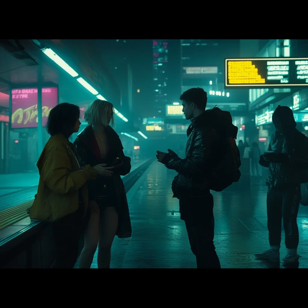 Three figures stand on a wet platform illuminated by neon lights. A man, wearing a black jacket and backpack, talks to two women. One woman wears a yellow jacket, the other a dark coat. The background is a blurred cityscape with neon signs. The scene evokes a futuristic, urban environment.