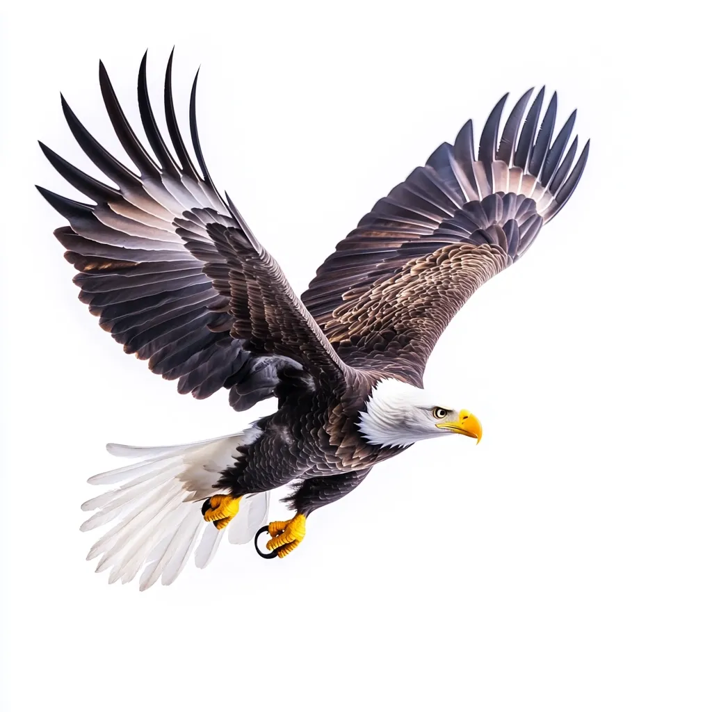 A bald eagle with its wings spread wide soars against a white background. Its dark brown feathers are spread out, revealing the white head and yellow beak. The eagle's talons are extended, showcasing its powerful nature. The image captures the majestic beauty and strength of this iconic bird.