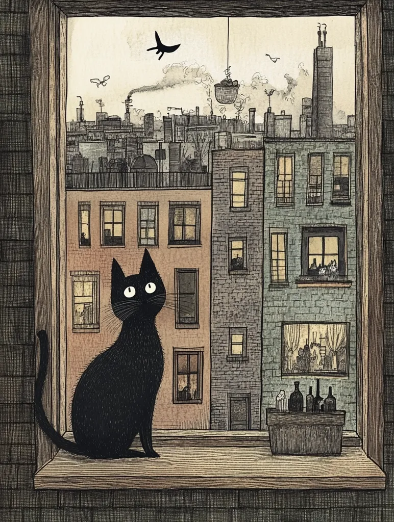 A black cat sits on a windowsill, looking out at the cityscape. The city is made up of brick buildings with windows that are lit up.  The cat is looking at a small bird flying in the sky.  There are buildings in the background with an interesting, quirky design that are out of focus.  The image is drawn in a cartoon style with a textured background.