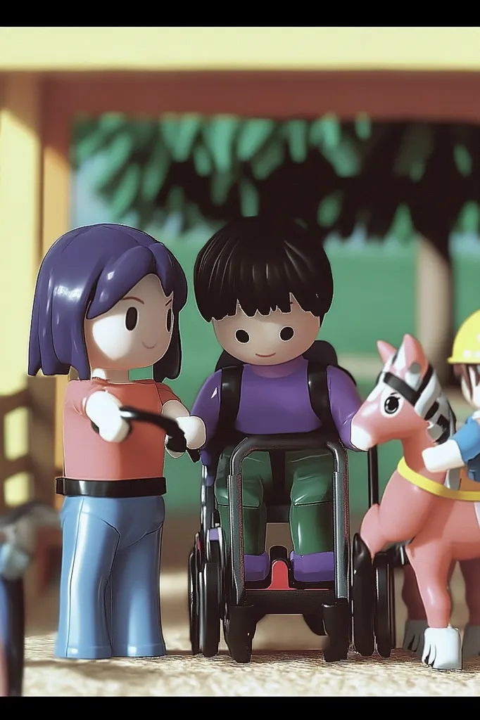 The image shows three toy figures.  A girl with purple hair is pushing a boy in a wheelchair. The boy has black hair and is wearing a purple shirt and green pants.  A pink toy horse is standing behind them.  The figures are standing in front of a blurred background with a green bush and a yellow wall. The scene is set up like a toy play area.  The image is a positive representation of inclusivity and friendship.
