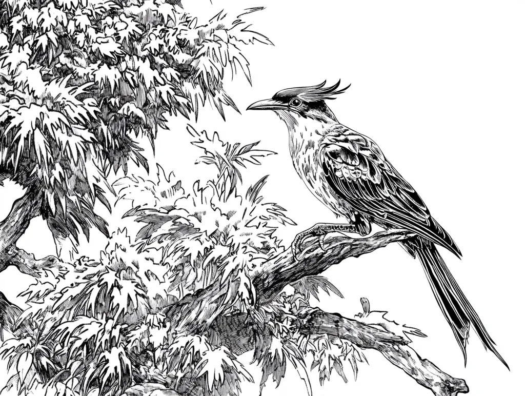 A detailed black and white illustration of a bird perched on a branch. The bird's feathers are meticulously rendered, and its long tail curves gracefully. The background is a dense thicket of leaves, creating a sense of depth and texture. The composition is balanced and elegant, showcasing the beauty of the natural world.