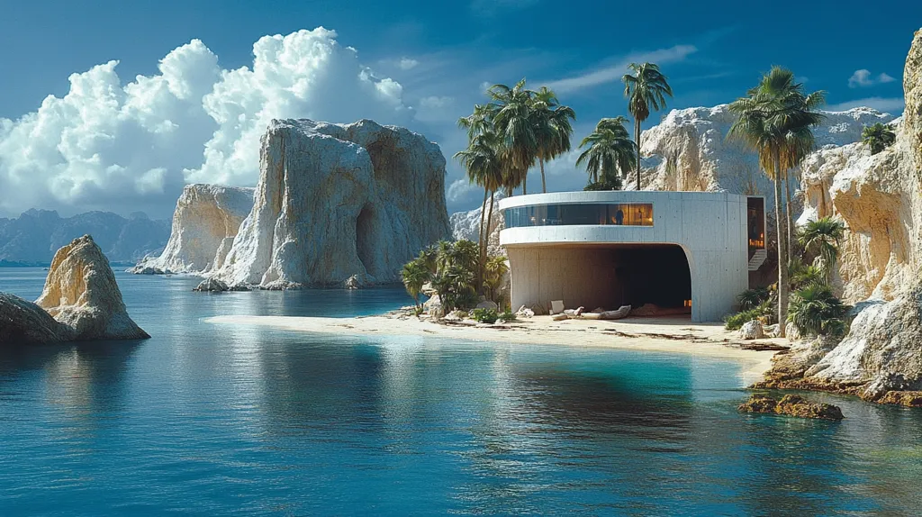 A modern, concrete house sits nestled on a small, secluded beach surrounded by towering white cliffs. Palm trees sway gently in the warm breeze, while the azure waters of the ocean stretch out towards the horizon, dotted with more rocky outcrops. The sky is a brilliant blue, punctuated by fluffy white clouds. The scene evokes a sense of tranquility and solitude, a perfect escape from the hustle and bustle of everyday life.