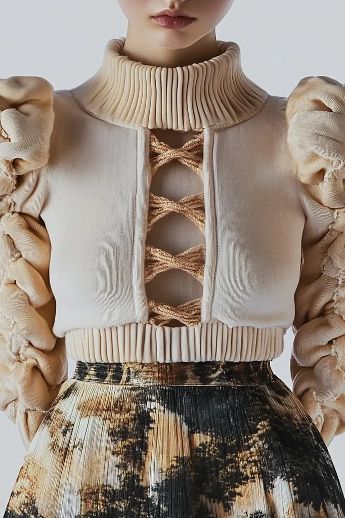 A woman is wearing a cream-colored cropped sweater with a high neck and puffed sleeves. The sweater has a unique design with a criss-cross pattern of fabric on the front. She is also wearing a brown and black patterned skirt that falls below her hips. The image is cropped at the waist, only showing the top half of the woman. The light and neutral tones of the outfit create a soft and sophisticated look.