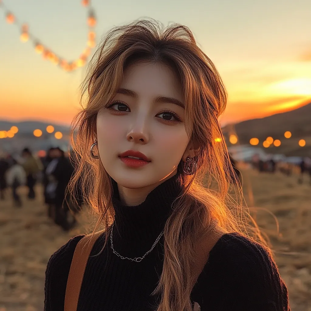 A young woman with long brown hair, wearing a black turtleneck sweater and a silver necklace, gazes directly at the camera. The backdrop is a blurred landscape with a warm sunset sky. She wears subtle makeup and has a soft, delicate look. Her hair falls in loose waves around her shoulders, adding to the gentle beauty of the image.  A string of lights is visible in the background, creating a warm and inviting atmosphere.
