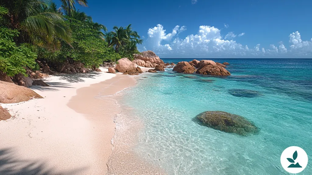 The image depicts a serene tropical beach with crystal-clear turquoise water lapping against pristine white sand. Lush palm trees and large granite boulders line the shore, casting long shadows. The sky is a vibrant blue, dotted with fluffy white clouds. The overall scene exudes a sense of tranquility and paradise.