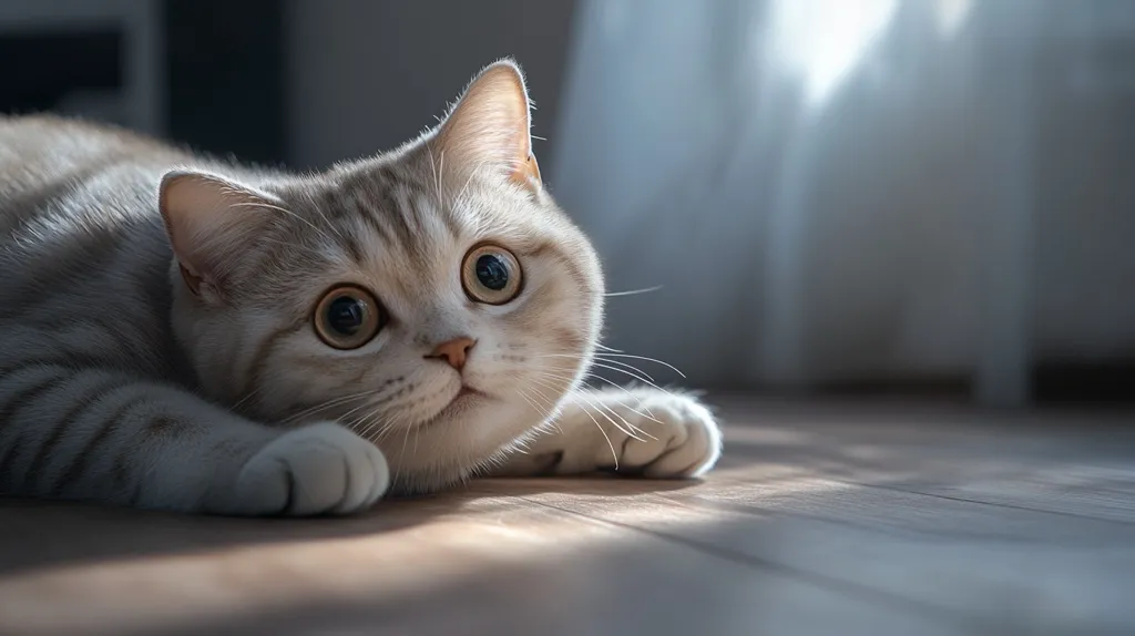 A soft, grey and white cat with large, round eyes stares intently at something off-camera. Its body is partially hidden, with only its head and front paws visible. The cat is lying on a wooden floor, with a soft glow of light illuminating the scene. It has a curious and alert expression, with its whiskers twitching slightly. The image captures a moment of anticipation and wonder.