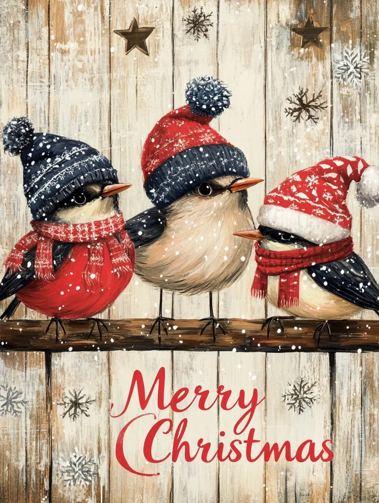Three birds wearing red and blue knit hats and scarves are perched on a wooden branch in front of a rustic wooden background. The birds are looking to the right, and snowflakes fall gently around them. The words "Merry Christmas" are written in red letters beneath the birds. The image is a festive Christmas greeting.