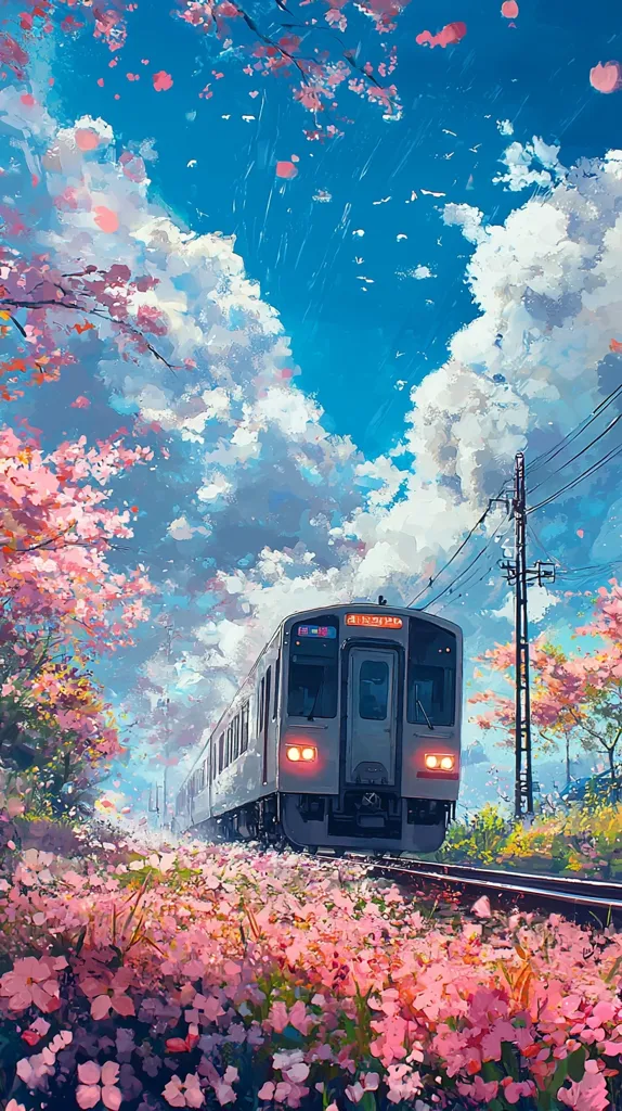 A train travels through a picturesque landscape. The train is white and gray, with a few red lights. It is surrounded by a field of vibrant pink flowers, and a blue sky dotted with white clouds and pink blossoms falling from trees. The scene is painted in a style that is both whimsical and realistic.