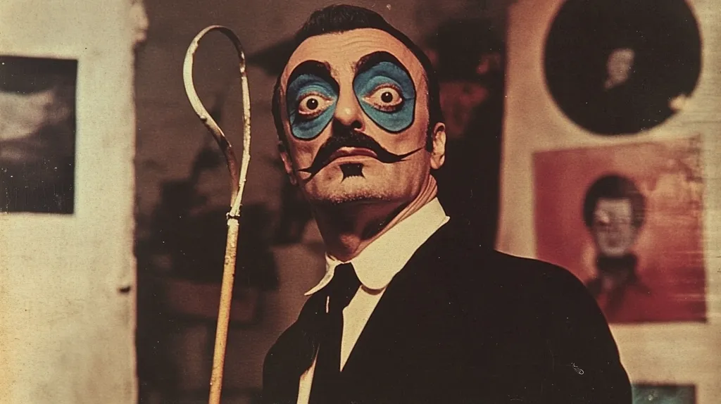 A man in a suit, with a mustache and blue paint around his eyes, stands in front of a wall with various framed pictures and a black circle. He holds a long, wooden stick in his right hand, and looks directly at the camera with a serious expression. The picture is taken in a low-light setting.  The man's face is highlighted in the foreground, while the background is blurry.
