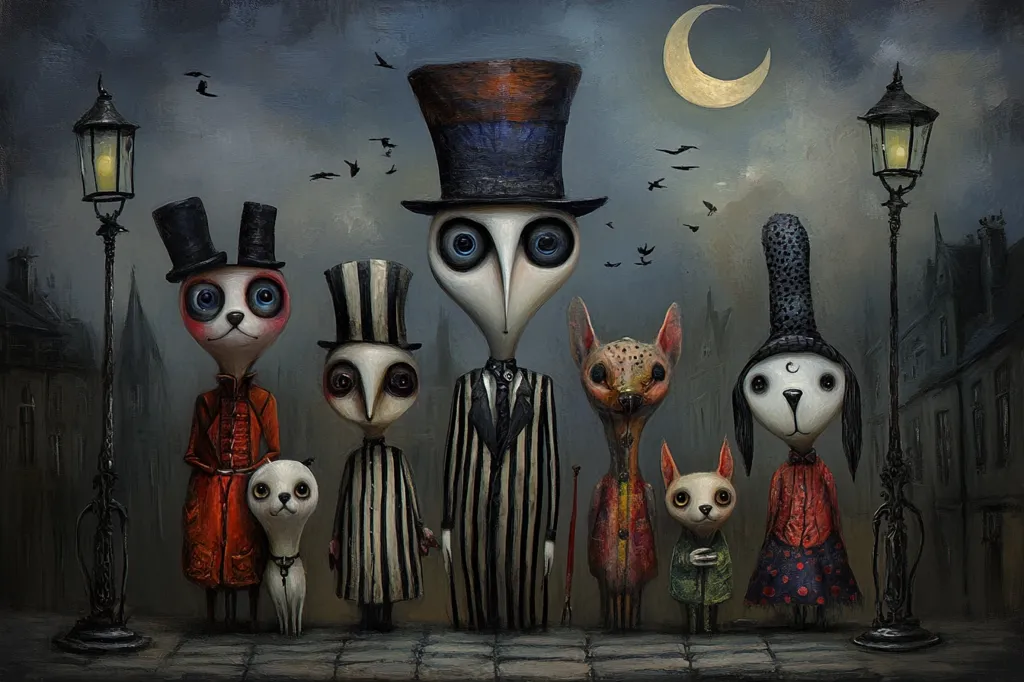 The painting depicts a group of anthropomorphic animal characters in a dimly lit street scene. They are dressed in Victorian-era attire and stand under gas lamps with a crescent moon in the sky. The characters have unique and unsettling features, adding a surreal and somewhat eerie atmosphere to the composition. The overall tone is mysterious and slightly whimsical, leaving room for interpretation.