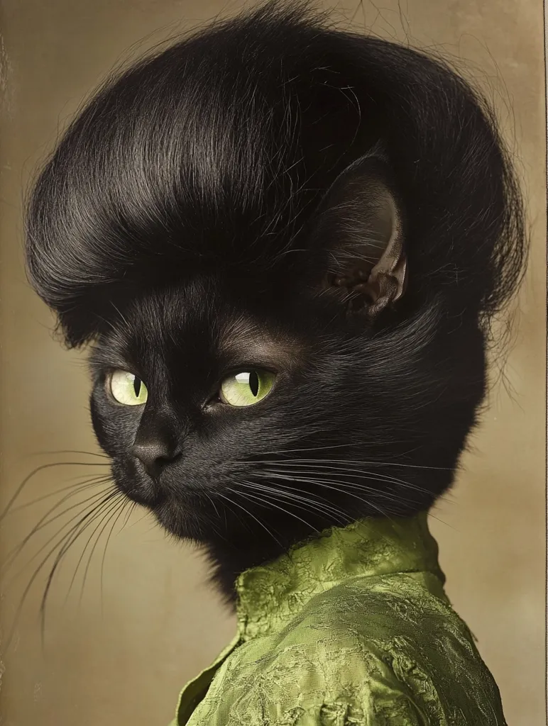 A black cat with a slicked-back hairstyle stares intensely at the viewer, its piercing green eyes fixated on the camera. The feline is adorned in a silky, green, high-collared garment, adding an air of sophistication and mystery to its feline features. The image's muted backdrop enhances the cat's dramatic presence, creating a captivating portrait.