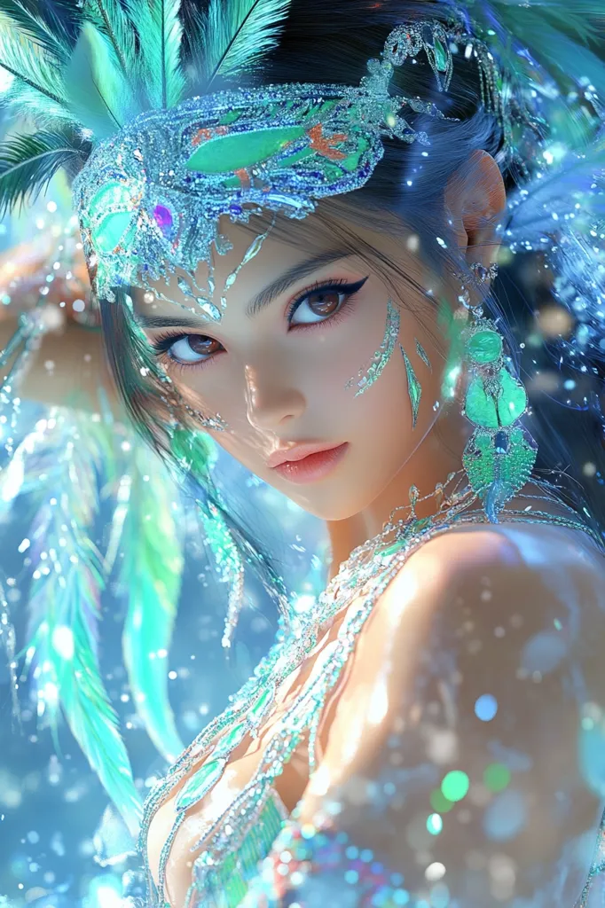 A young woman with long black hair, adorned with intricate turquoise and silver jewelry, including a large feathered headpiece and a glittering necklace, looks directly at the viewer. Her skin is luminous, and her eyes are large and expressive, with a hint of mystery. The image is filled with a soft, ethereal light, creating a dreamlike atmosphere. The woman's pose and expression suggest a sense of confidence and beauty.  The background is blurred and shimmering, suggesting movement and light.