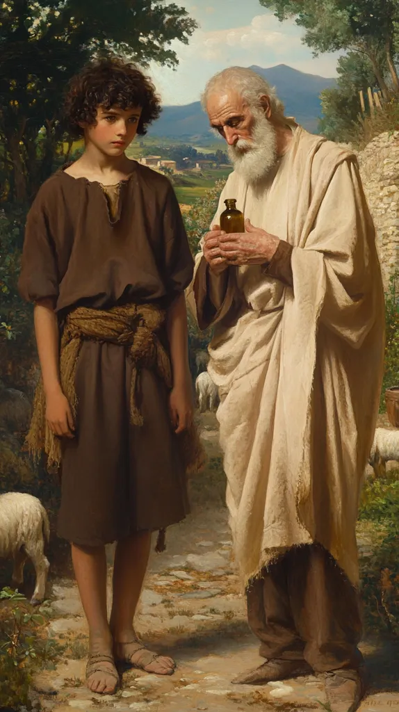 The painting depicts an older man with a white beard, dressed in a long, white robe, holding a small, brown vial. He stands next to a young boy, dressed in a brown tunic and pants. The boy appears to be listening intently to the man. The scene is set in a rural landscape with trees, hills, and sheep in the background. The painting evokes a sense of wisdom and guidance being passed down from one generation to the next.  The overall tone of the painting is warm and peaceful, with soft lighting and muted colors.