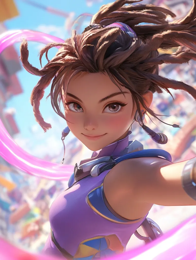 A young woman with long, brown dreadlocks is shown smiling and looking directly at the viewer. Her hair is pulled back in a ponytail and she is wearing a purple and blue outfit. She is surrounded by a bright pink aura, and there is a blurred background of a cityscape.  She appears to be a superhero or a character from a fantasy or anime.