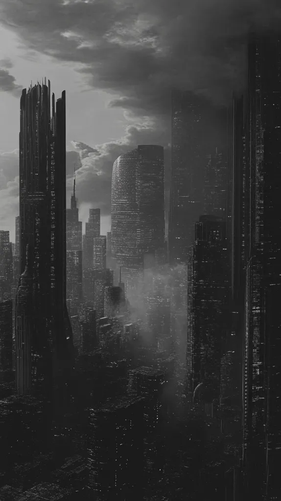 A black and white photograph of a city skyline shrouded in mist and cloud cover. The buildings are tall and slender, with a few reaching up into the gloomy sky. The photo is taken from a distance, giving the impression of a large, sprawling metropolis. The dark tones create a sense of mystery and solitude.
