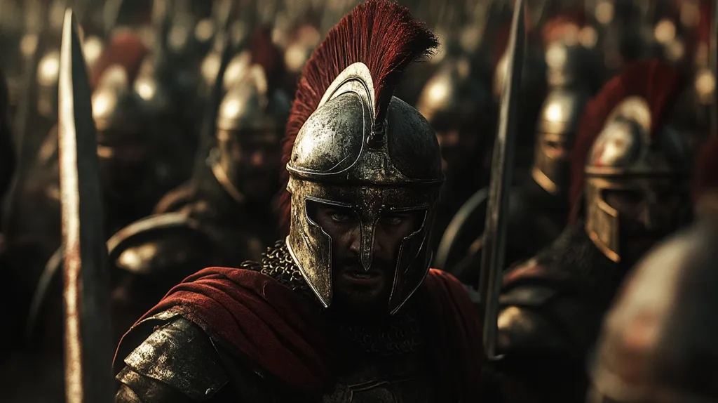 A close-up of a Spartan warrior wearing a helmet with a red plume.  The warrior is in the midst of a battlefield with other warriors around him, swords drawn. The image is dark and gritty, conveying a sense of violence and danger. The focus is on the warrior's face, which is hardened and determined.  The image is a powerful representation of the brutality and intensity of ancient warfare.