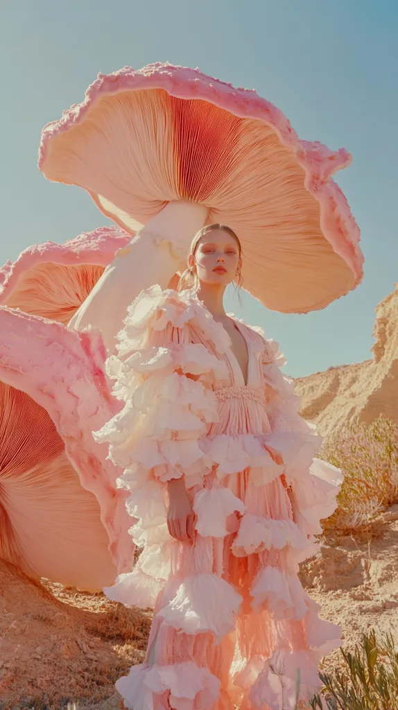A young woman in a pink, frilly dress stands beneath a giant, pink mushroom. The mushroom has a large, circular cap and a thick stem. The woman's hair is long and dark, and she has a soft, delicate expression. The scene is set in a desert landscape, with sand and sparse vegetation. The overall effect is dreamy and whimsical.