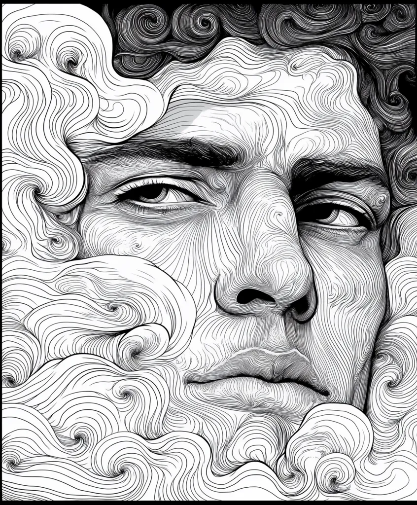 The image depicts a black and white line drawing of a man's face. The face is surrounded by swirling lines that resemble clouds or smoke, creating a sense of mystery and depth. The man's eyes are partially closed, and his expression is one of contemplation or perhaps even sadness. The intricate detail of the lines emphasizes the contours of the face, creating a realistic and captivating portrait.