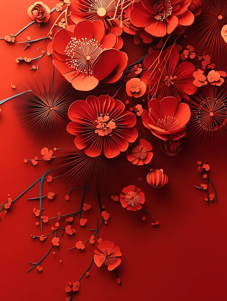 The image features a vibrant red background adorned with paper flowers in various sizes and intricate designs. The flowers range from simple, delicate blossoms to large, elaborate ones with intricate folds and patterns. Some have a circular center, while others have a more open, layered appearance. The arrangement creates a sense of depth and movement, with the flowers cascading down the composition. The image evokes a feeling of celebration and festive joy, possibly related to a traditional Chinese or Asian cultural event.