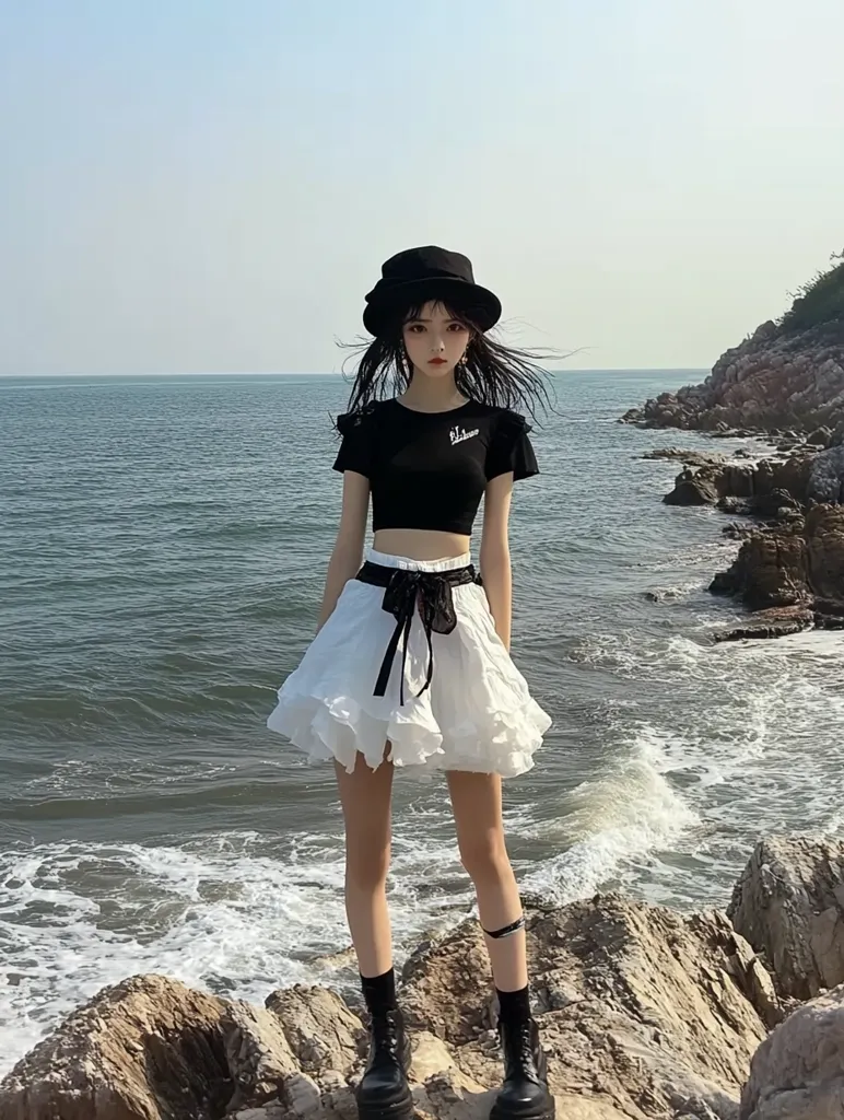 A young woman with long black hair is standing on a rocky shore near the ocean. She is wearing a black crop top with a white ruffled skirt and a black hat. She is looking at the camera with a neutral expression. The ocean is blue and the sky is clear. The image has a light and airy feel.