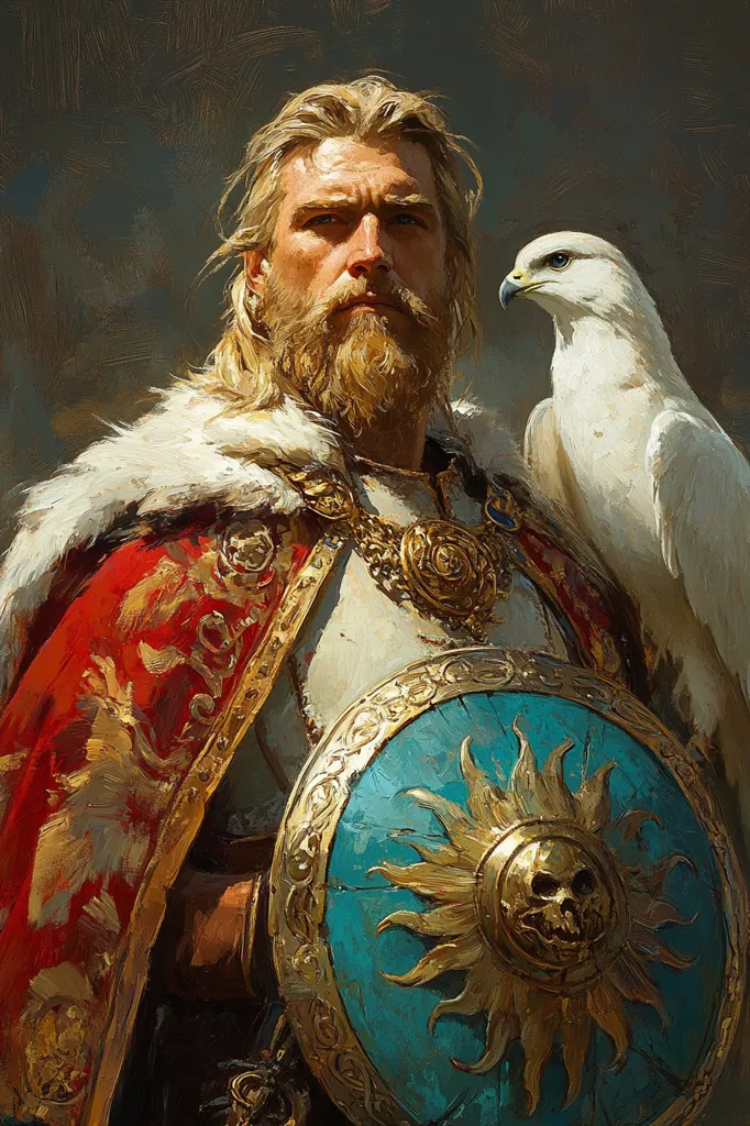 The painting depicts a majestic warrior, likely a king or a high-ranking noble. He has long blonde hair and a thick beard, his face stern and determined. He is clad in ornate armor, a red and gold cloak billowing behind him. A white falcon perches on his shoulder, symbolising power and authority. He holds a large, round shield emblazoned with a golden sun and skull, a reminder of his strength and courage. The painting's rich colors and dynamic composition create a sense of grandeur and power.