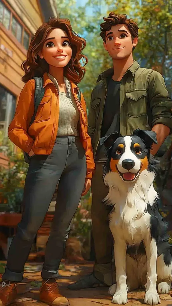 A young woman in an orange jacket and jeans stands next to a young man in a green jacket, both smiling. They are standing with a friendly black and white dog that is sitting in front of them. They appear to be on a walk in a suburban neighborhood, and the image has a warm and inviting feel.