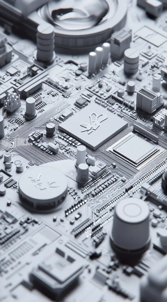 The image shows a close-up of a computer motherboard. The motherboard is a complex circuit board with many different components, including chips, connectors, and wires. The image is rendered in a monochrome style, which emphasizes the intricate details of the circuitry. The image suggests the power and complexity of modern technology.