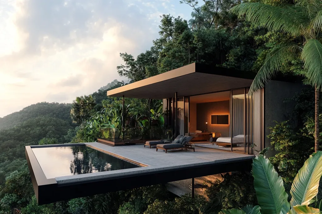 A modern, sleek house with a large infinity pool sits perched high above a lush, green jungle. The house is built with large windows, offering stunning views of the surrounding landscape. The setting sun casts a warm glow over the scene, creating a peaceful and tranquil atmosphere.  The house is surrounded by lush foliage and palm trees, adding to the feeling of seclusion and serenity.