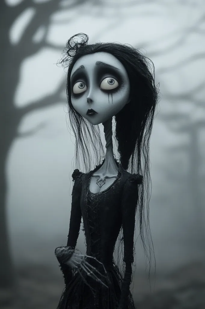 The image portrays a doll, crafted with meticulous detail, standing in a misty forest. The doll's pale skin, large, wide eyes, and dark, flowing hair create a hauntingly beautiful and slightly eerie aesthetic.  The doll's long, skeletal fingers are visible, adding to the macabre charm. The black dress with intricate details complements the somber tone of the image, emphasizing the doll's melancholic and haunting presence.  The backdrop of the misty forest adds to the sense of mystery and isolation, suggesting a tale of sorrow and longing. The image captures a blend of beauty and darkness, leaving a lasting impression on the viewer.