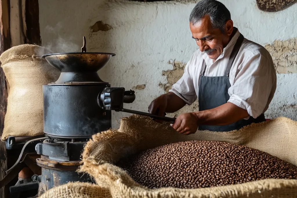 A man in a white shirt and black apron works at a coffee roasting facility. He is using a large metal roasting machine with a burlap sack filled with coffee beans. Steam rises from the machine as the man works, creating a warm and inviting atmosphere. The image captures the traditional process of coffee roasting, highlighting the dedication and skill required to produce high-quality coffee.