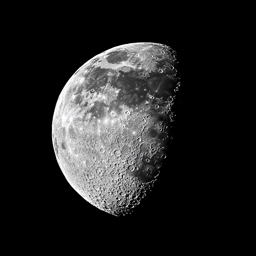 The image shows a close-up of the moon in a crescent phase. Its surface is covered in craters and other geological features, illuminated by the sun's light. The dark, shadowed area of the moon contrasts with the bright, illuminated portion, creating a stark visual effect. The image is taken against a black background, emphasizing the lunar surface's details.