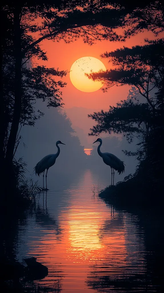 Two cranes stand on opposite sides of a calm, still body of water at sunset. The water reflects the orange hues of the sky and the large, round sun. Tall trees frame the scene, their silhouettes casting long shadows across the water. The image evokes a sense of peace and tranquility.