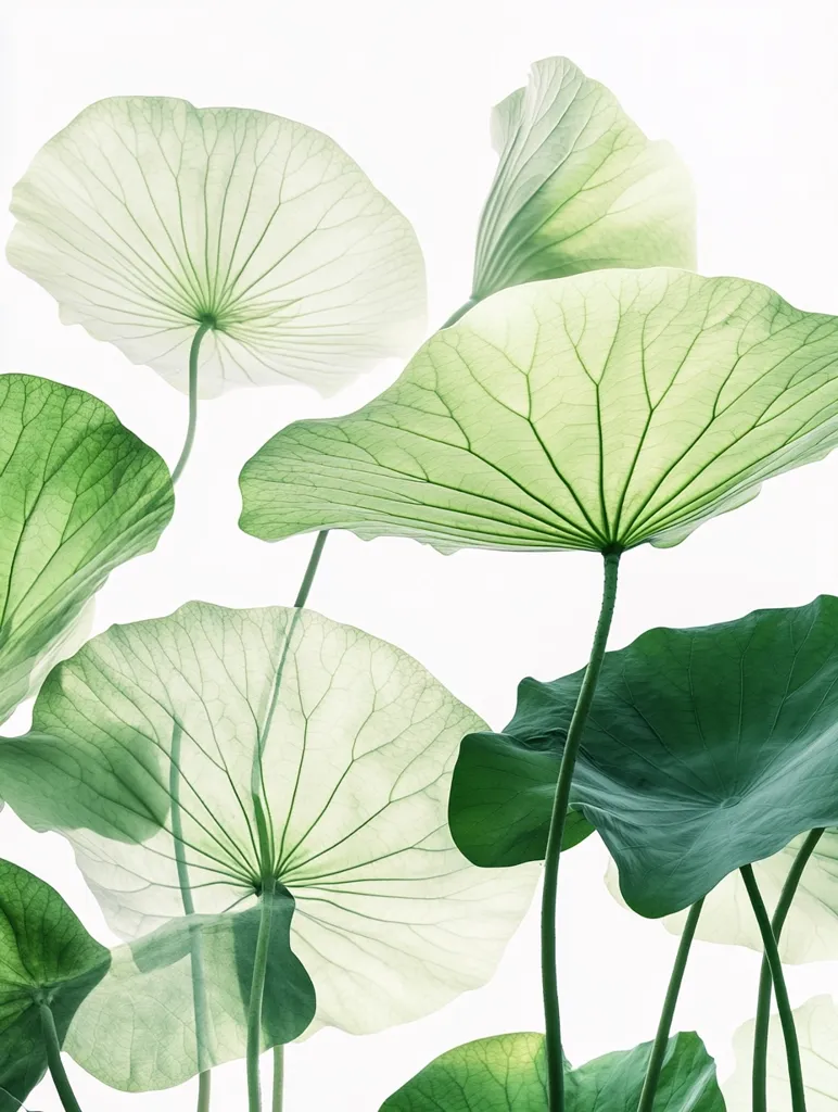 The image features several large, green lotus leaves against a white background. The leaves are translucent, revealing intricate veins and a delicate network of patterns. The stems of the leaves extend upwards, creating a sense of verticality and elegance. The composition is simple and minimalist, highlighting the beauty and simplicity of nature.