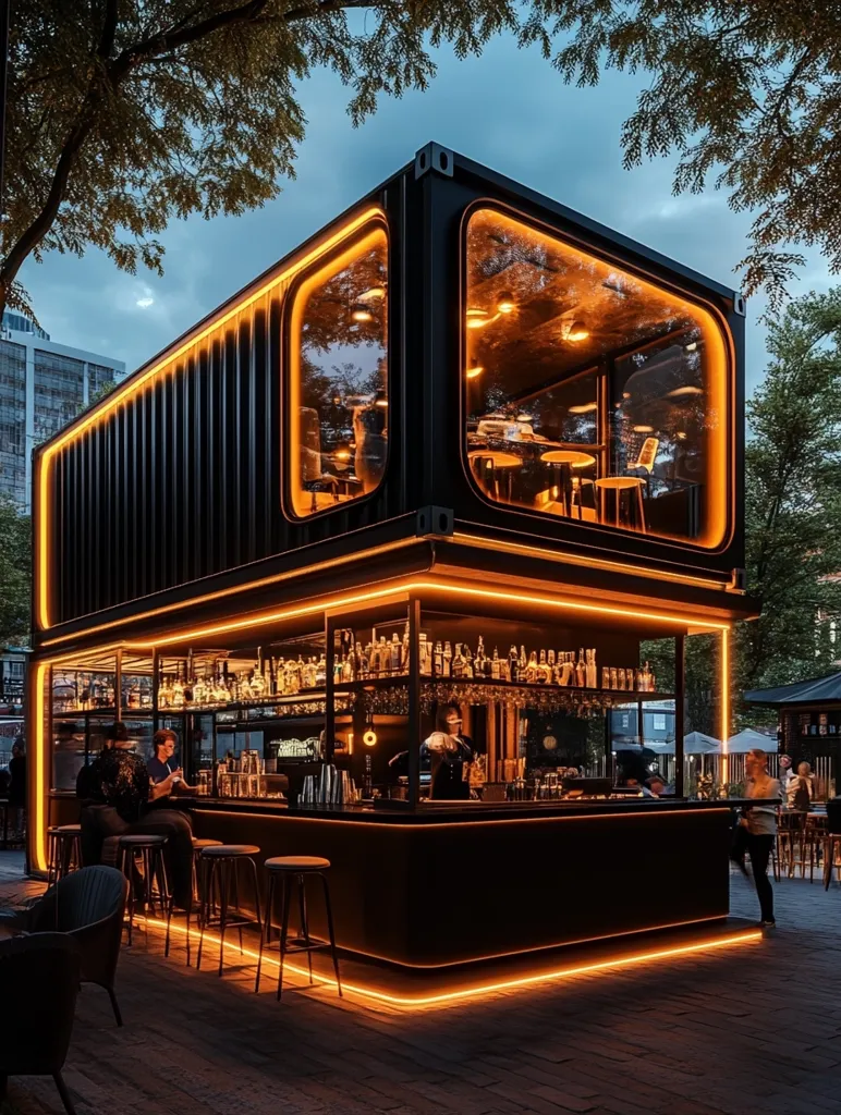 A modern bar constructed from shipping containers, illuminated by warm orange lights. The bar features a sleek black exterior, large windows, and a well-stocked bar area. Customers sit at tables and chairs, enjoying drinks and the ambiance. The surrounding area is dimly lit, highlighting the container bar as a focal point.  The image captures the unique and industrial design of this modern bar space.