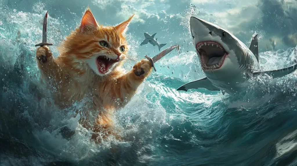 A fierce orange cat with a determined expression leaps through the air, brandishing a knife, as it confronts a monstrous great white shark with its jaws wide open. The battle takes place in a churning sea with a cloudy sky above, hinting at a dramatic confrontation between the unlikely adversaries.